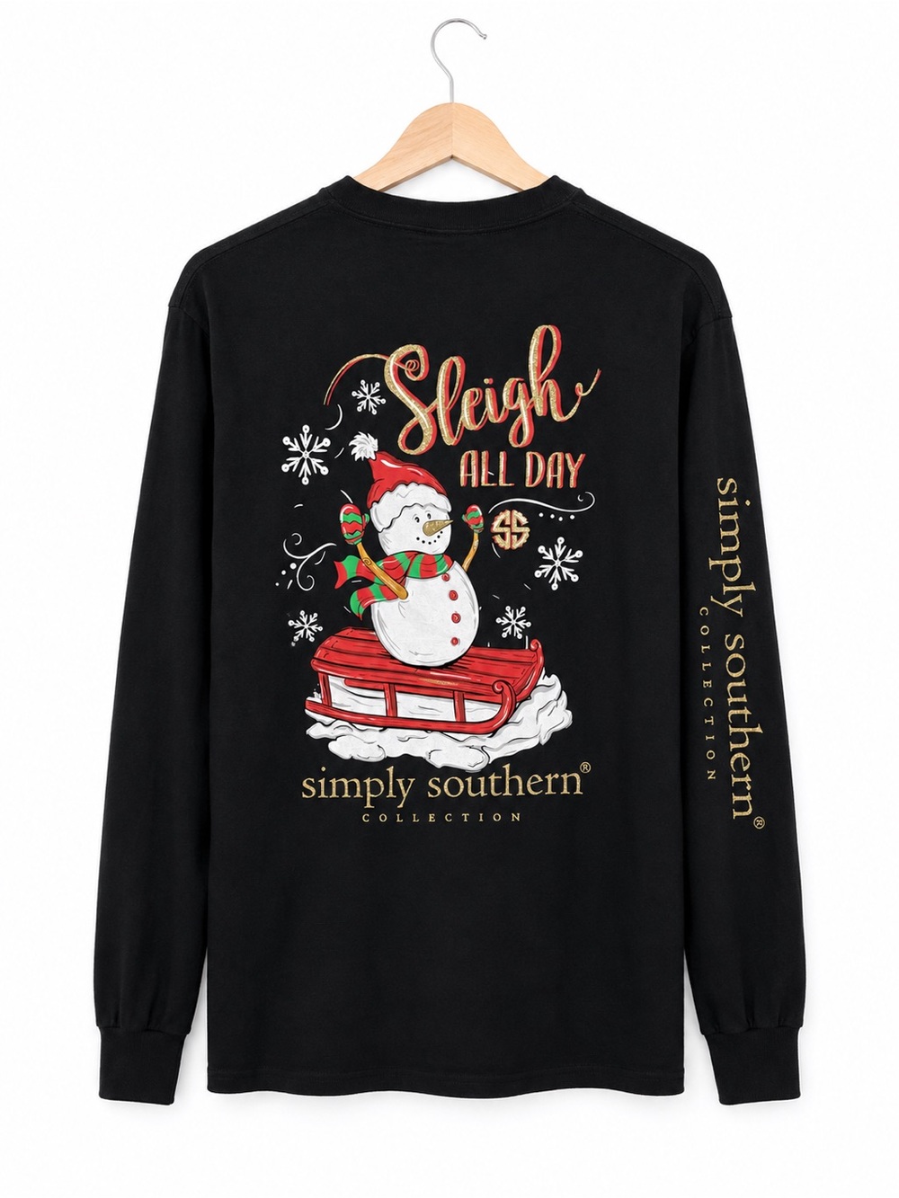 Simply Southern Sleigh All Day Christmas Snowman Long Sleeve Shirt Black Medium